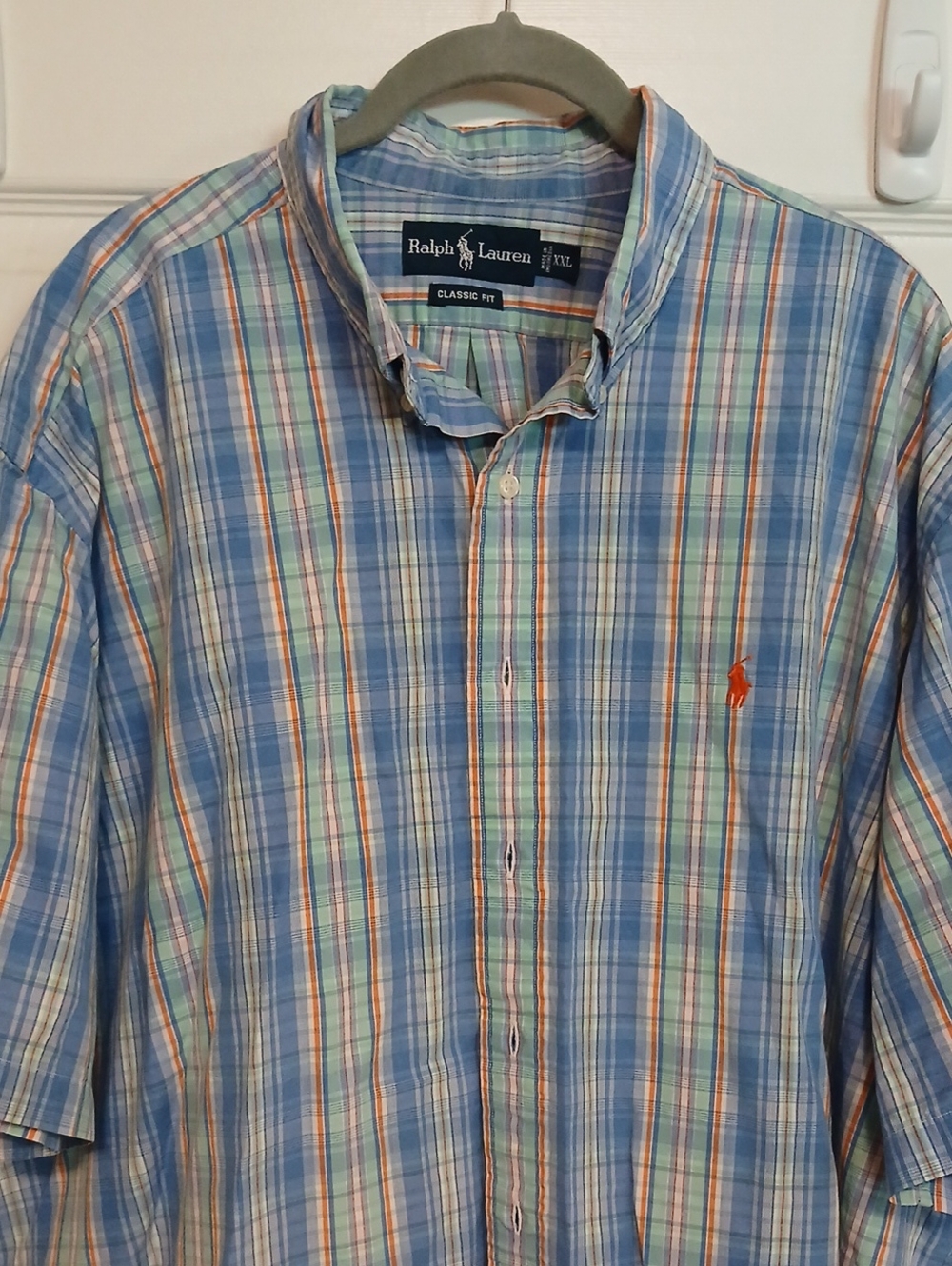 Ralph Lauren Blue Multi‑Plaid Button Down Shirt with Orange Pony